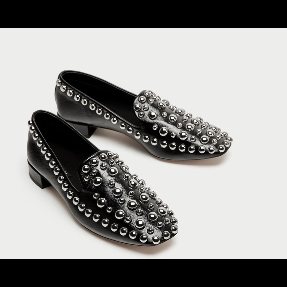 ZARA WOMEN'S LEATHER STUDDED LOAFERS BLACK Sz7.5